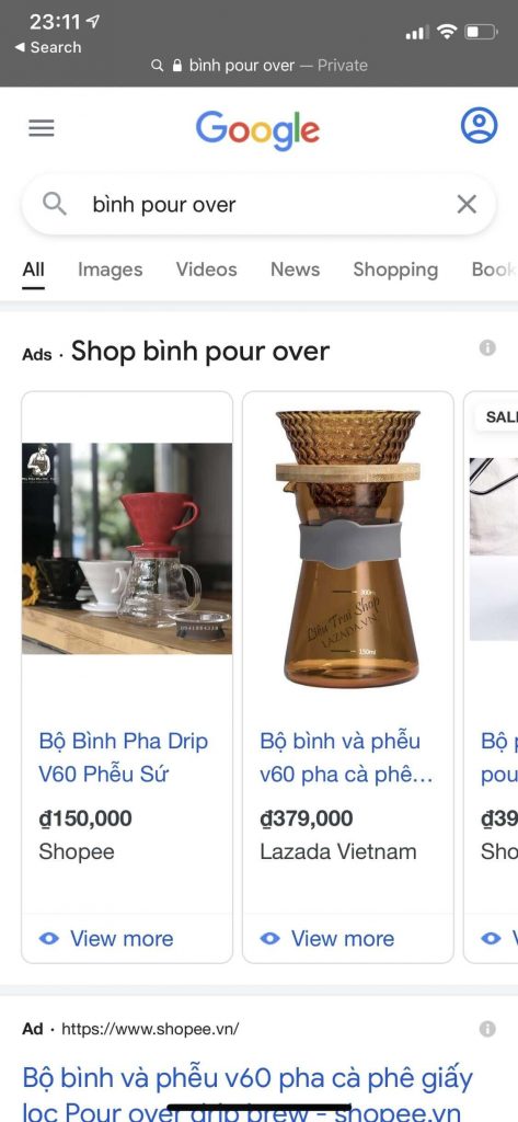 Vị trí hiển thị 1 của quảng cáo Google Shopping trên giao diện smartphone