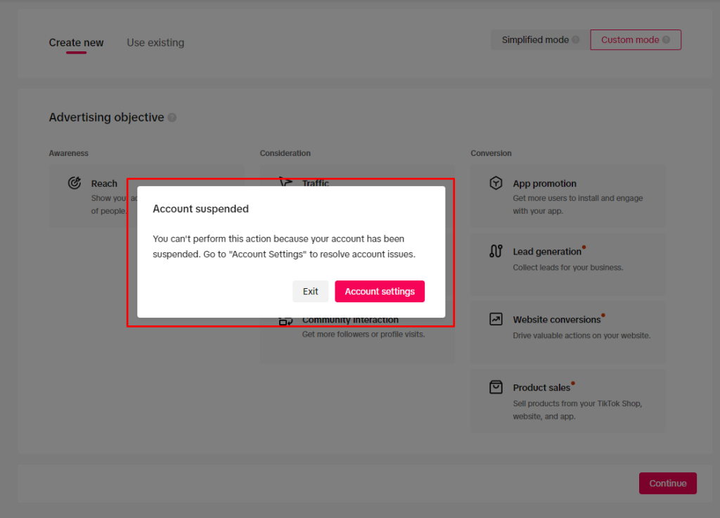TikTok Ads Account Suspended Screenshot