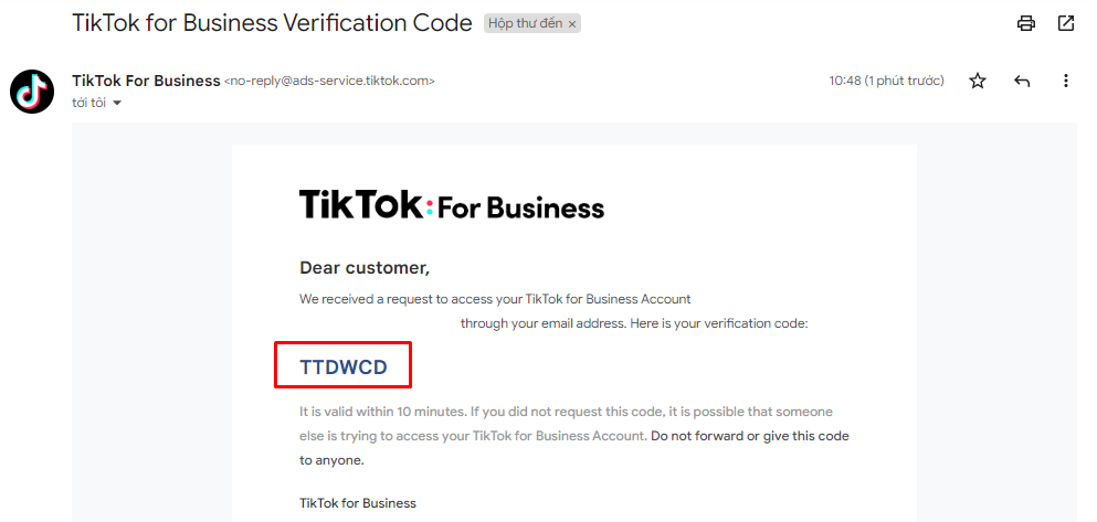 Mã xác nhận tạo tài khoản quảng cáo TikTok
