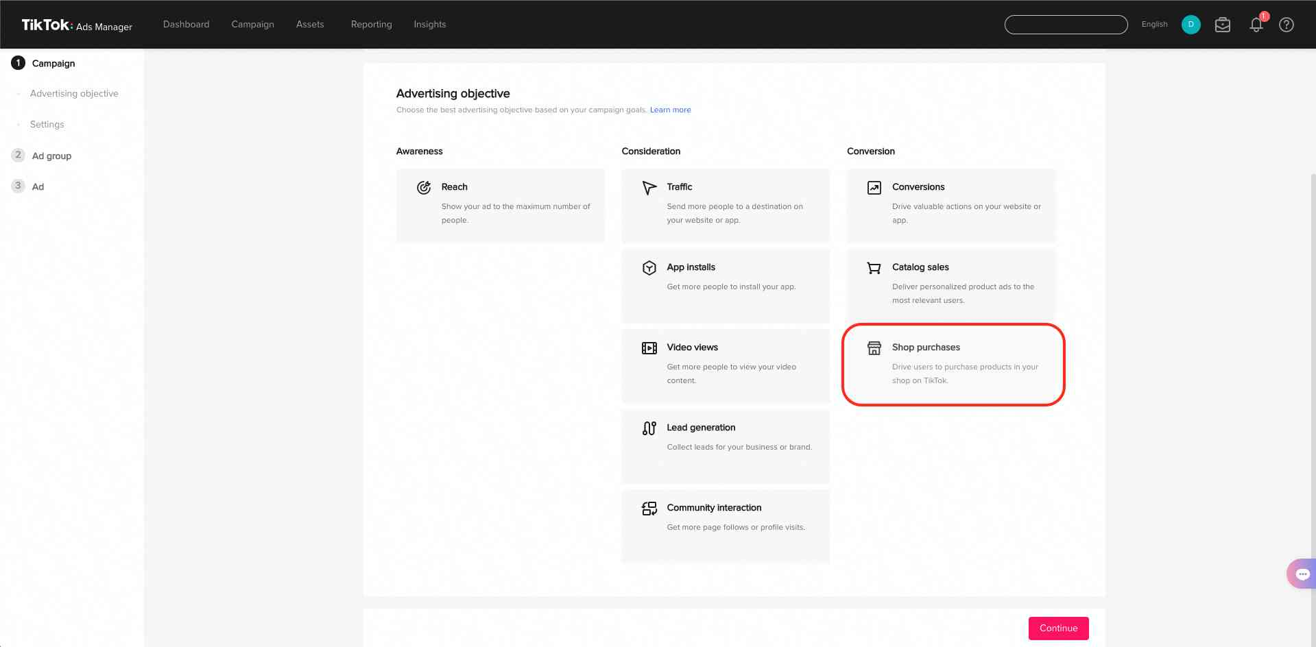 Choose Shop Purchase as the TikTok Live shopping ads objective