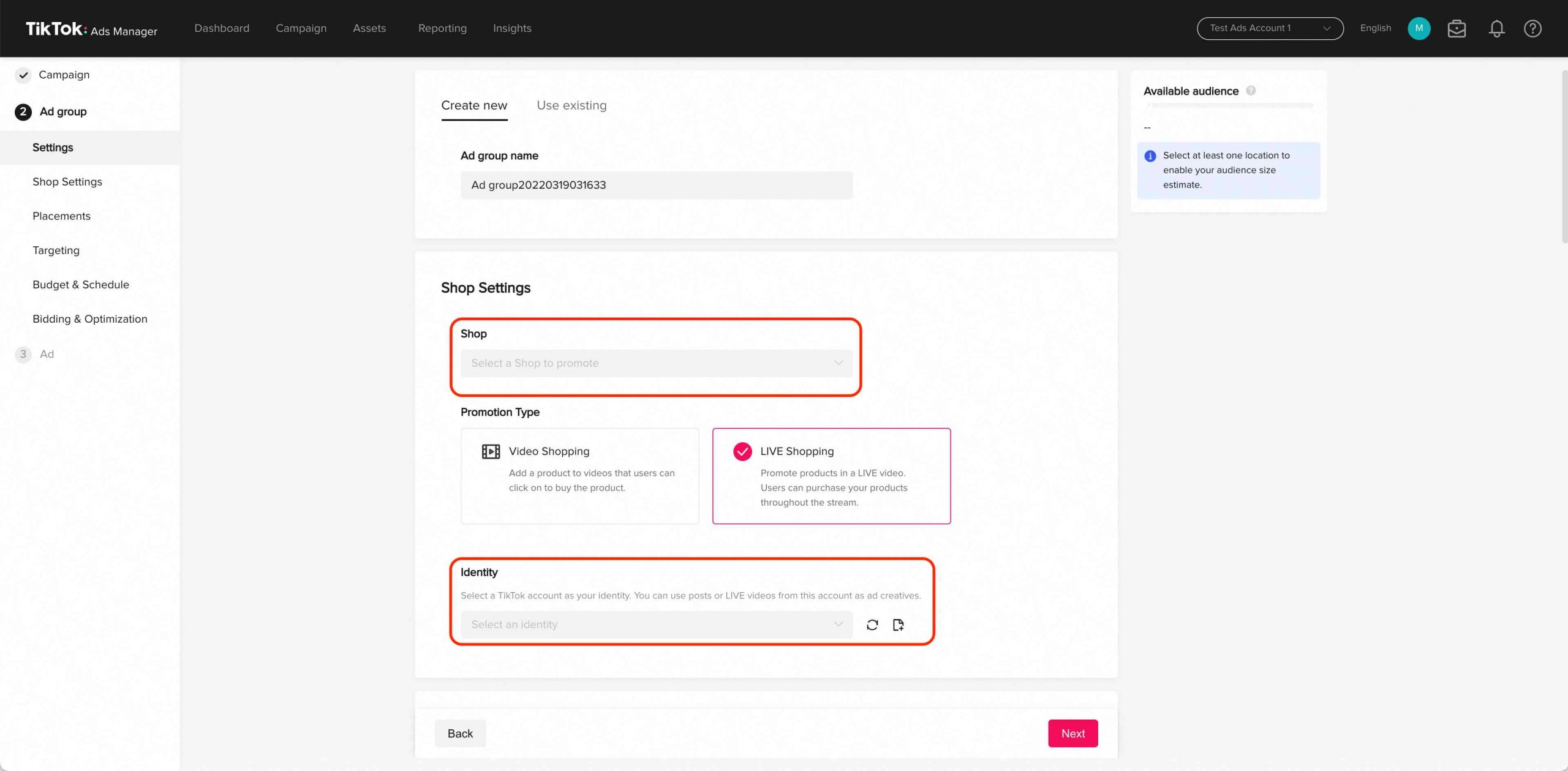 Setting ad group for TikTok LIVE shopping ads