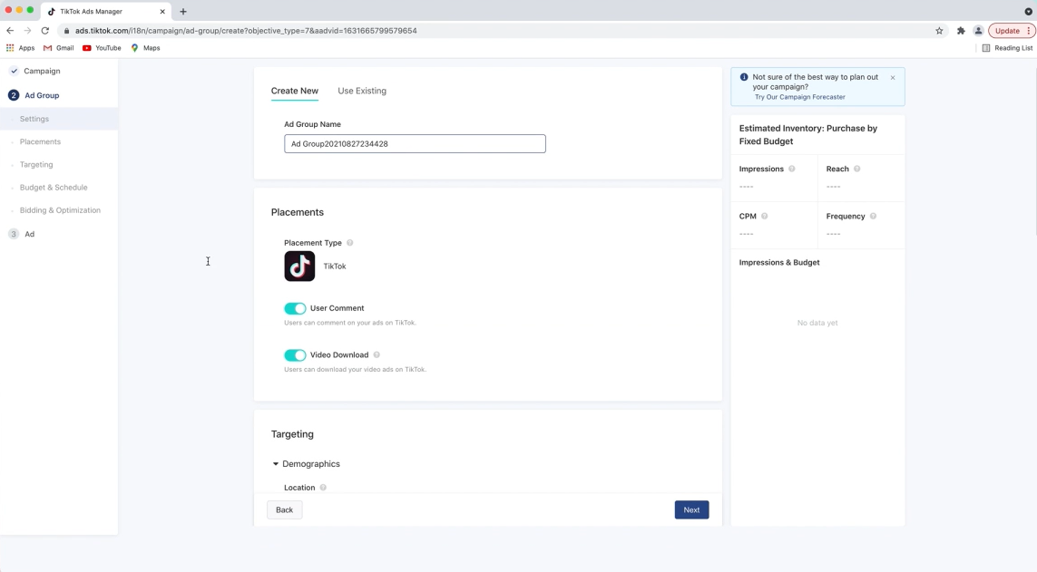 Reach and Frequency ad group setup