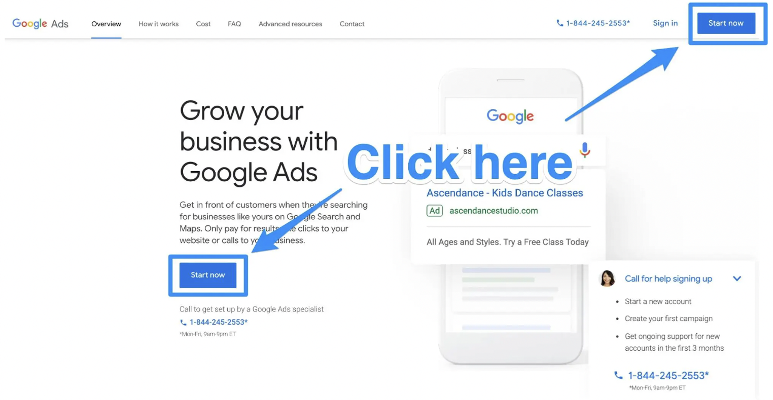 Google Ads homepage Start Now button