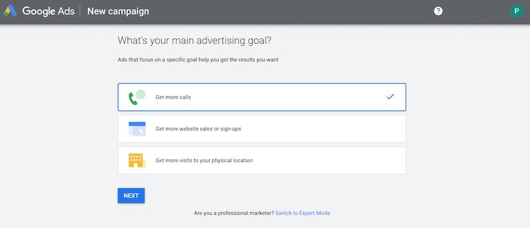 set up main Google Ads account goal