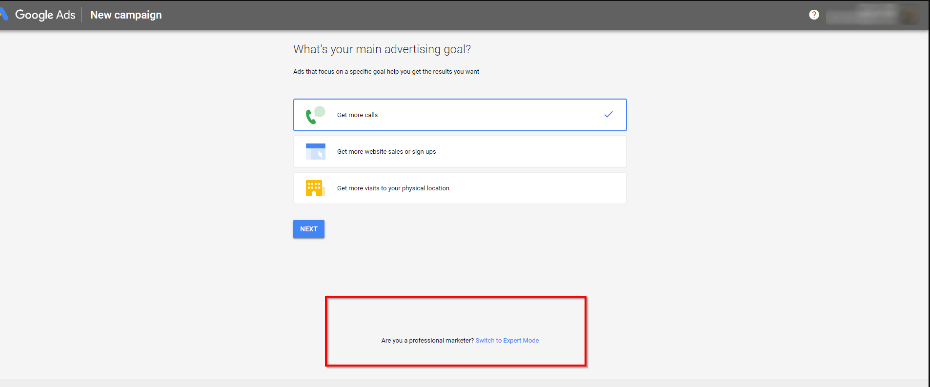 Google Ads account in expert mode