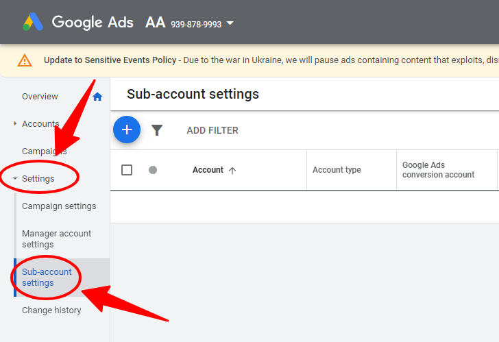 Sub-account settings in Google Ads manager account