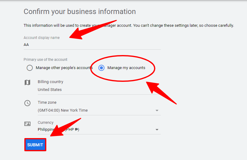confirm your business information in Google Ads manager account