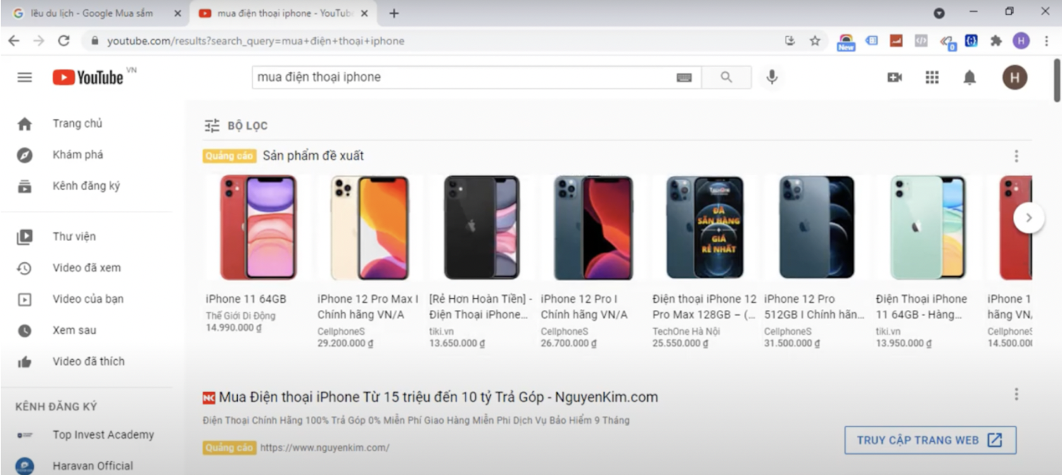 quang cao Google Shopping Ads hien thi trong Youtube