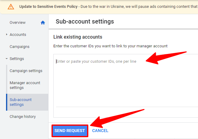 send request in google ads manager account
