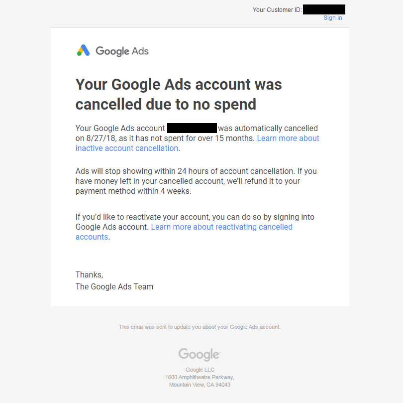 Google Ads account was cancelled