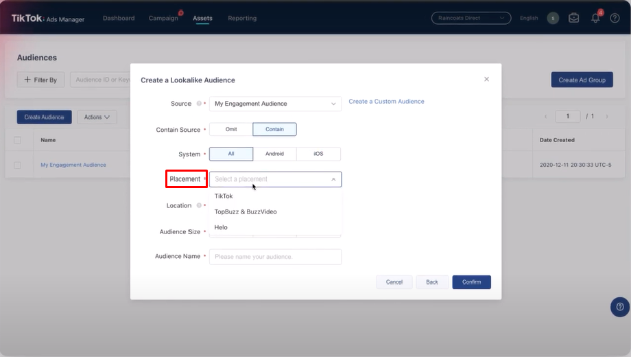 Choose the placement - TikTok Lookalike