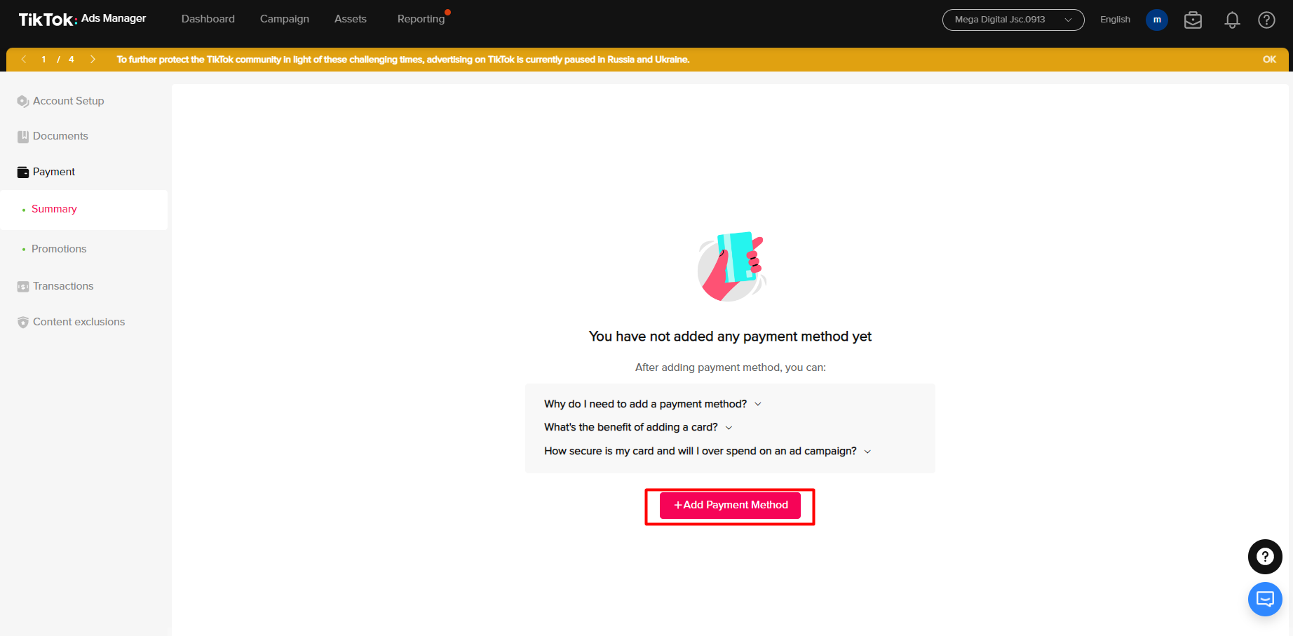 How to add payment method in TikTok Ad account