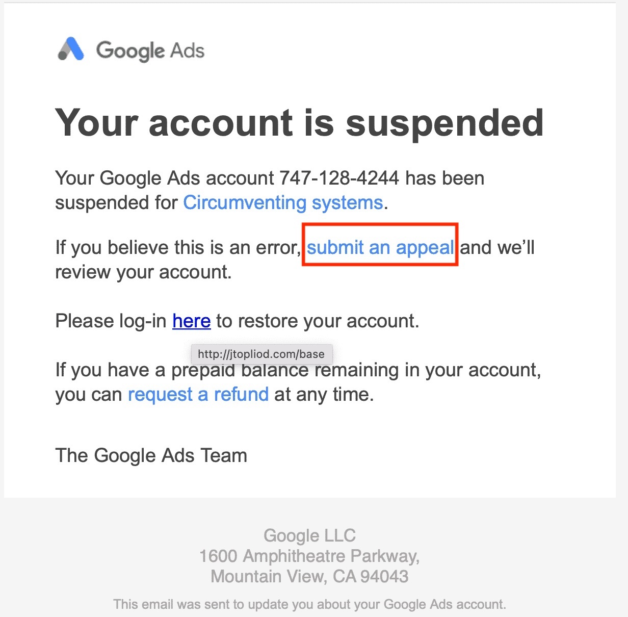 your account is suspended for circumventing systems