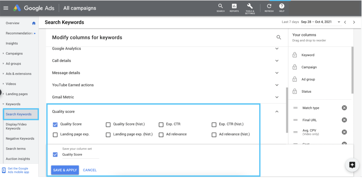 How to check Quality Score Google Ads