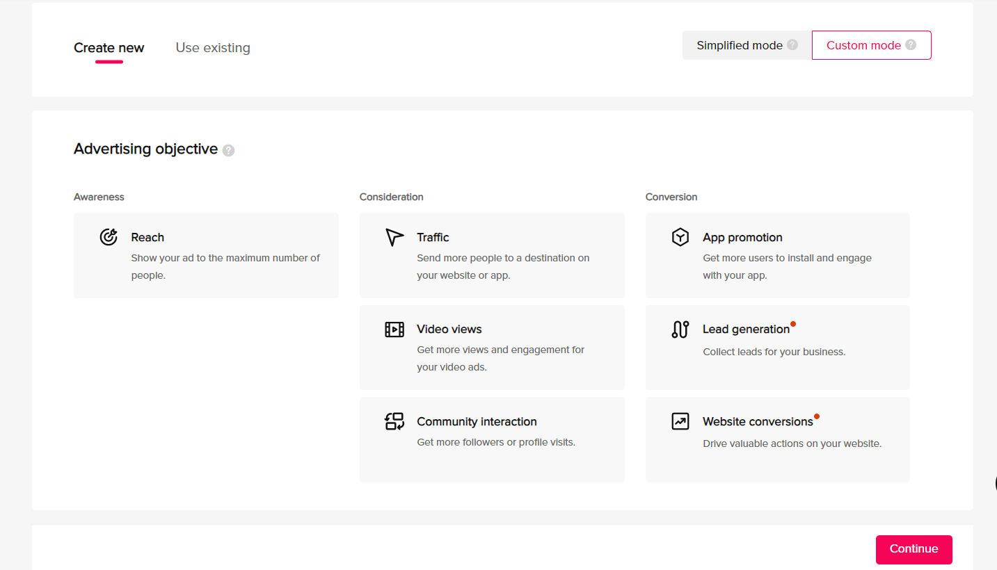 Choose objectives for TikTok auction ads campaign