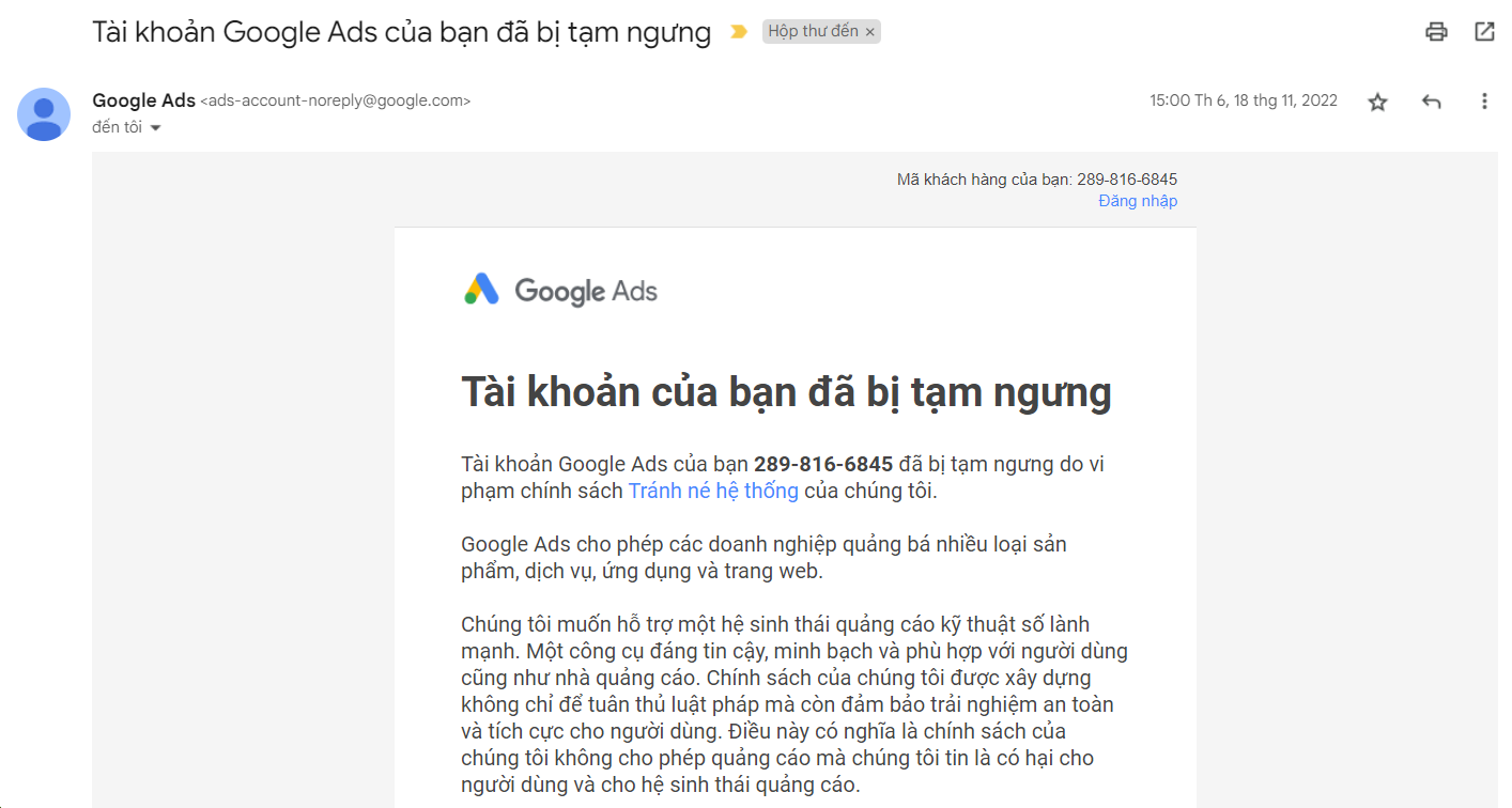 Tài khoản quảng cáo bị tạm ngưng