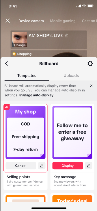 Cách bật chế độ tự động hiển thị của TikTok LIVE billboard