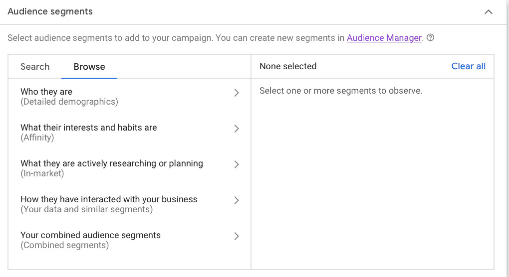 Step 5: Targeting - audience segments in google display ads