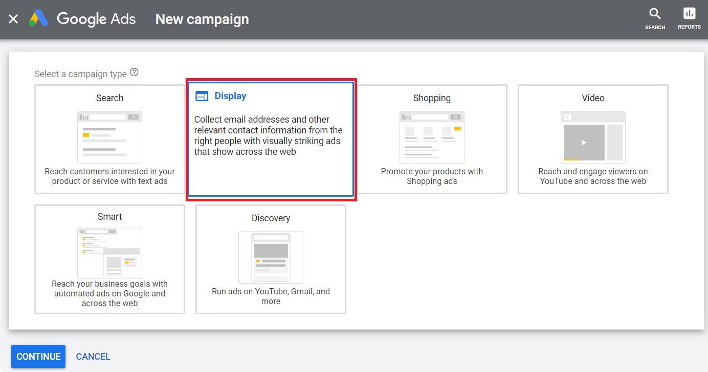 Select a campaign type - Google Display ads