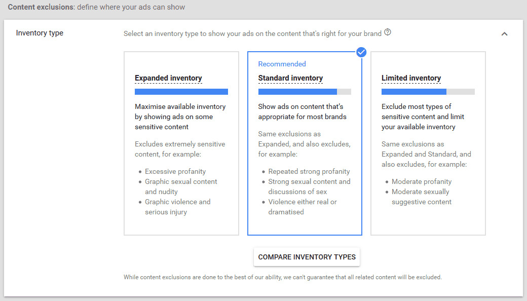 content exclusions inventory types in Google ads video campaigns