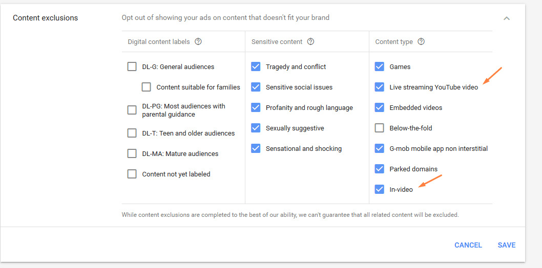 content exclusion in google video ads campaigns