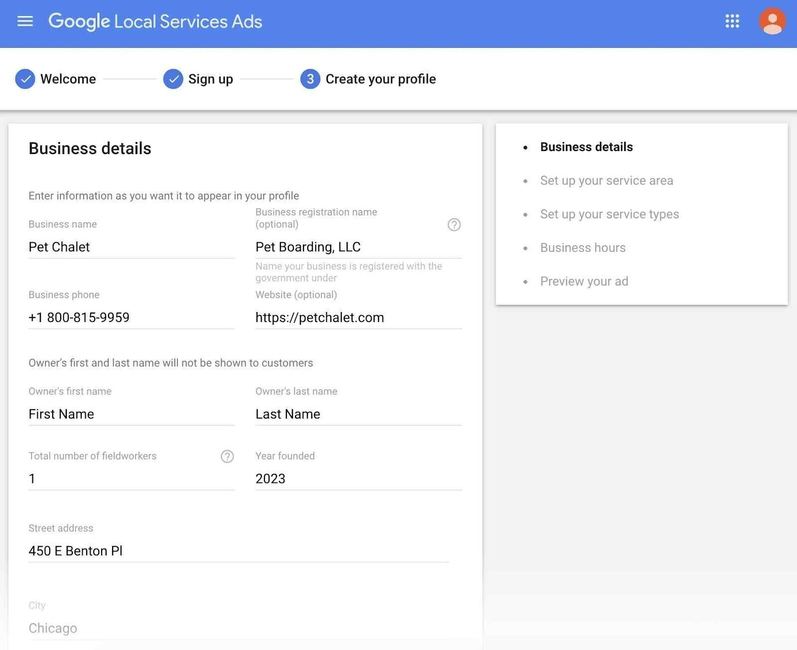 Step 2: Create a business profile