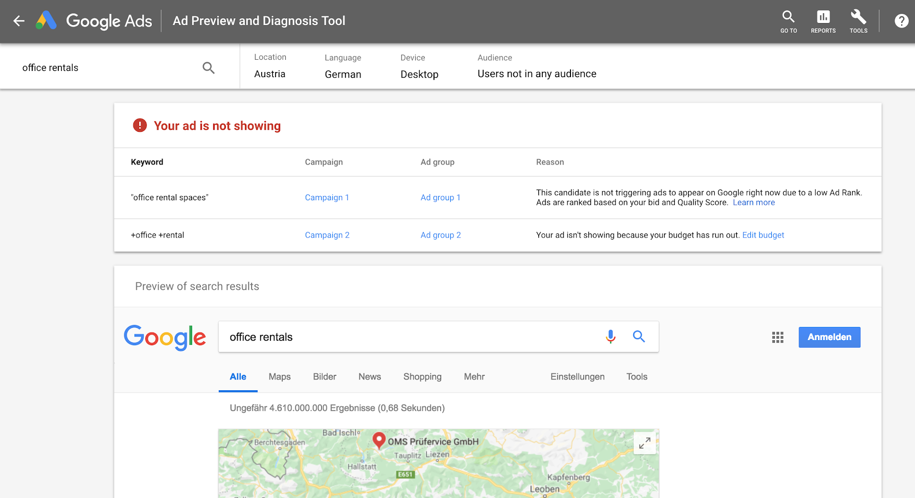 Google Ads Preview and Diagnosis