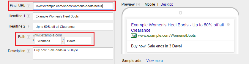 google ads display url