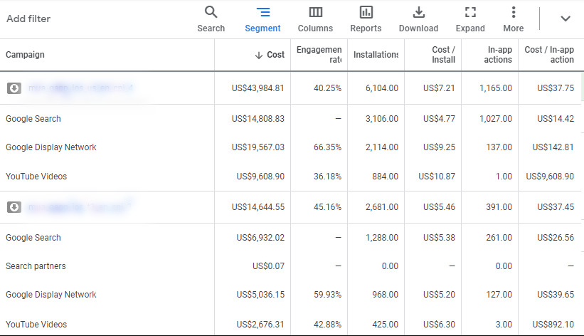 performance tracking in Google App campaigns