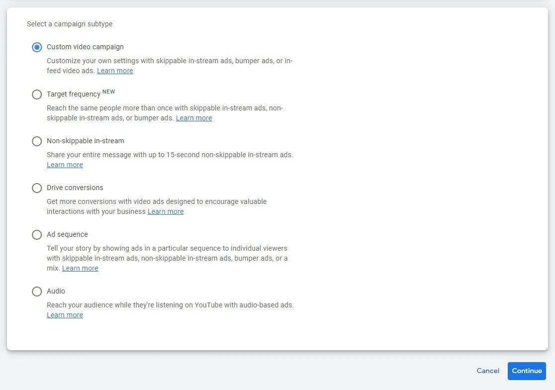 Select a campaign subtype for your google video ads
