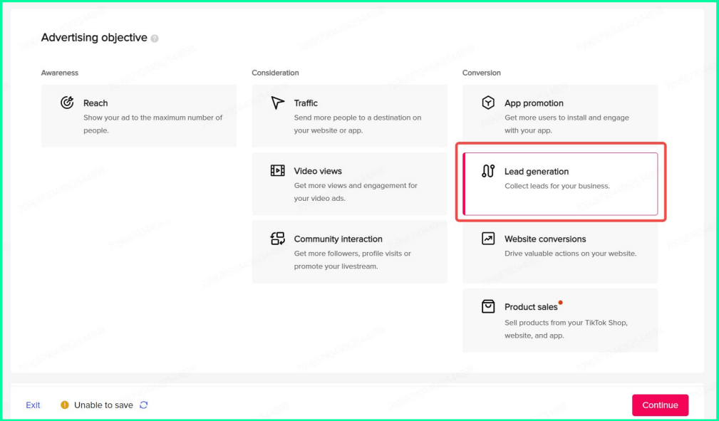 Select Lead generation as your campaign objective in TikTok Ads Manager