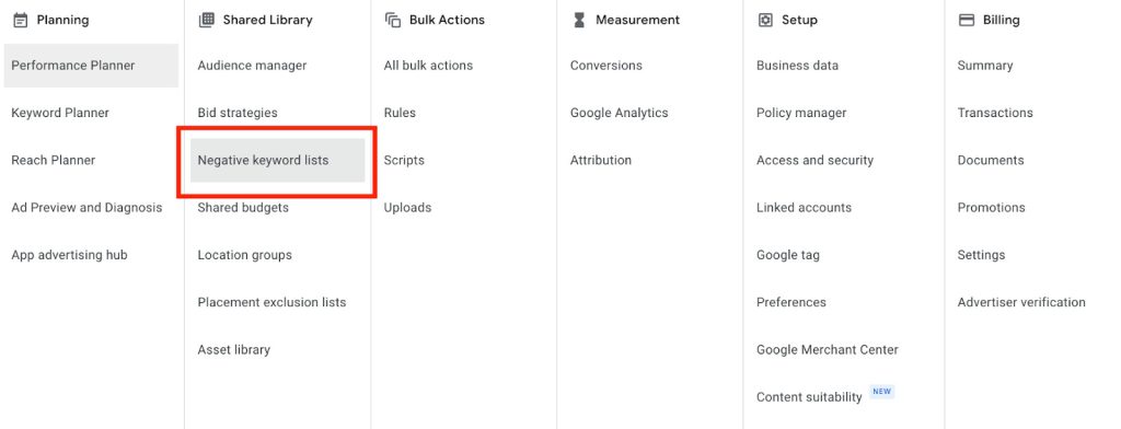 performance max negative keyword lists