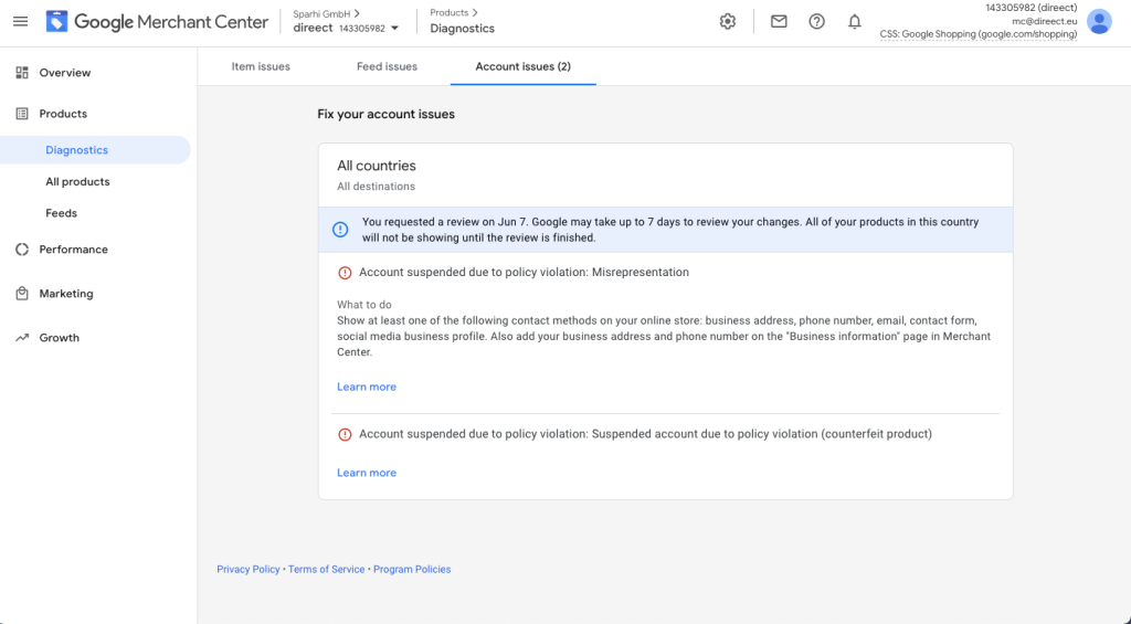 Review process google merchant center suspended