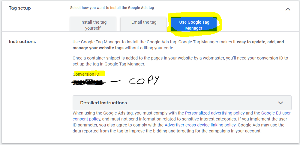 Copy your Conversion ID google ads remarketing