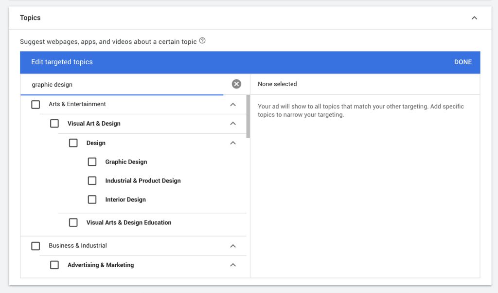 topics in display ads targeting options