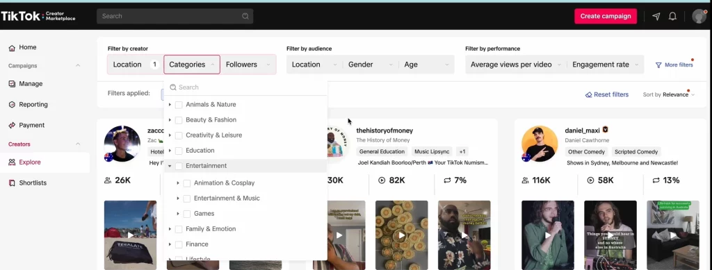 Discover and filter creators
