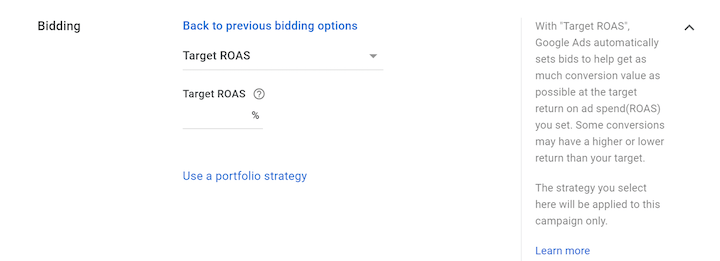 Target ROAS - google ads bidding strategies