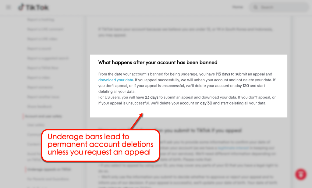 An example of underage ban on TikTok