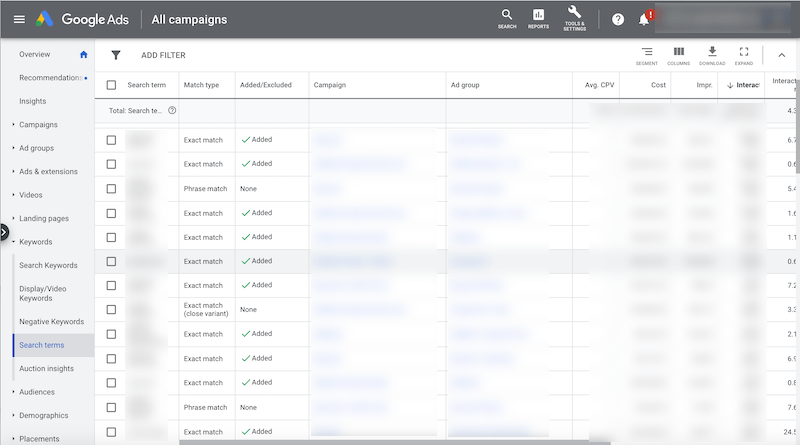 click on "Search Terms" shopping ads negative keywords