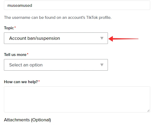 Topic in "Share Your Feedback" Form to unbanned TikTok account