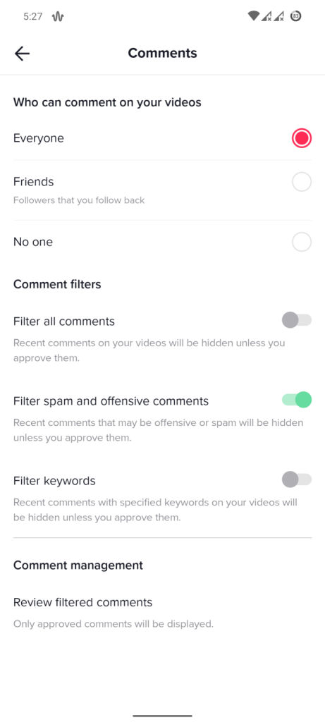 Comment setting on TikTok