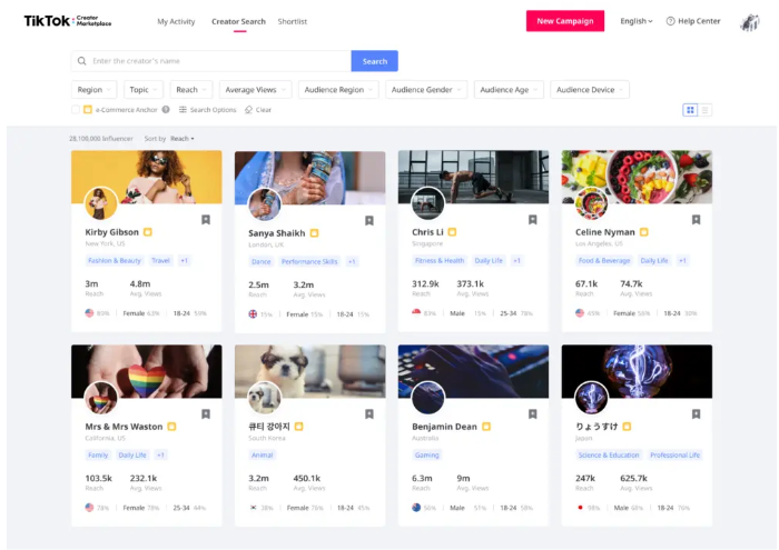 TikTok Creator Marketplace Search Filters