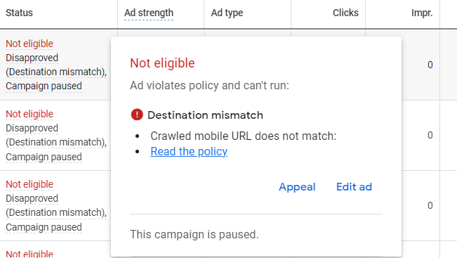 Destination mismatch Google Ads disapproved
