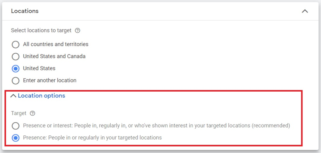Google Ads location targeting options