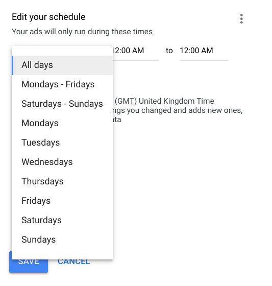 select which days of the week your ads will display.