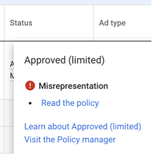 9. Misrepresentation Google Ads disapproved