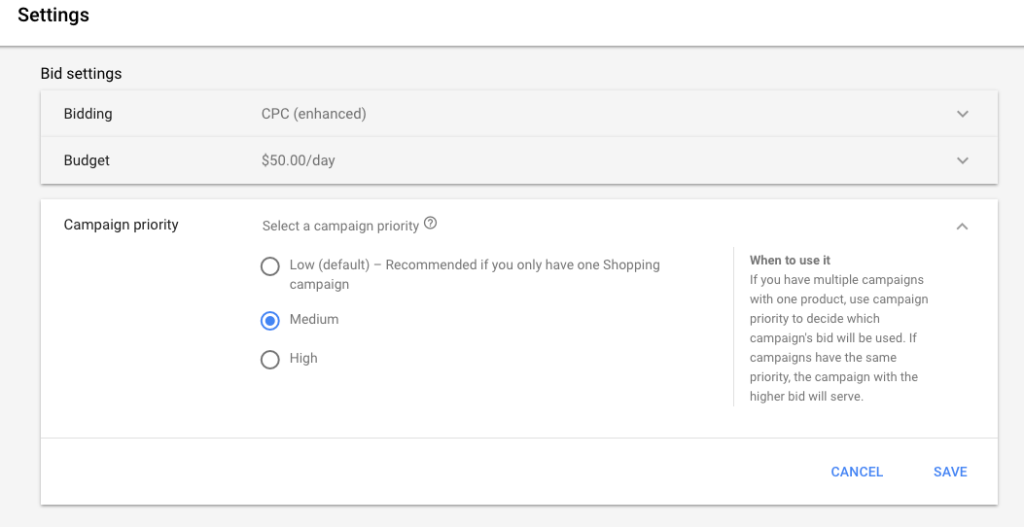 Select a campaign priority google shopping ads