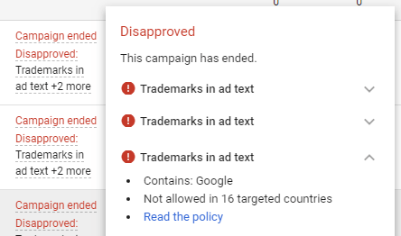 11. Trademarks & copyright Google Ads disapproved
