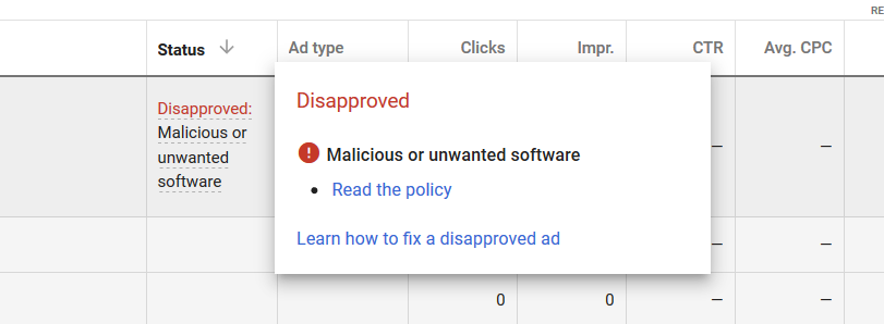 What is malicious software? google ads disapproved malicious software