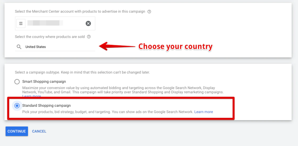choose your country google shopping ads